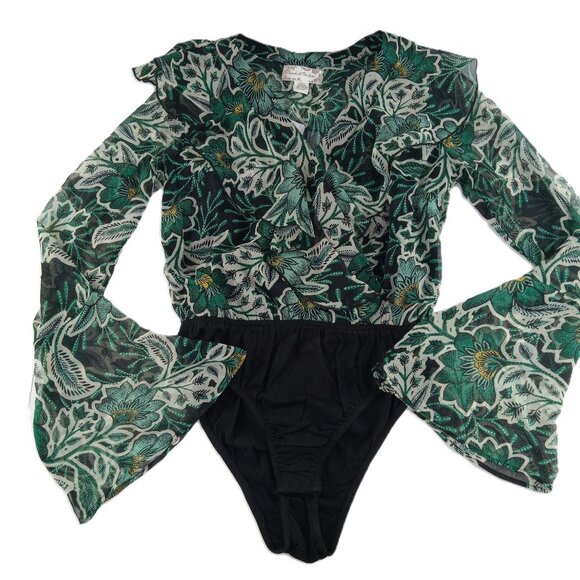 Band Of The Free Women's Wrap Front Bodysuit Size Small Black Emerald Floral - Picture 1 of 8
